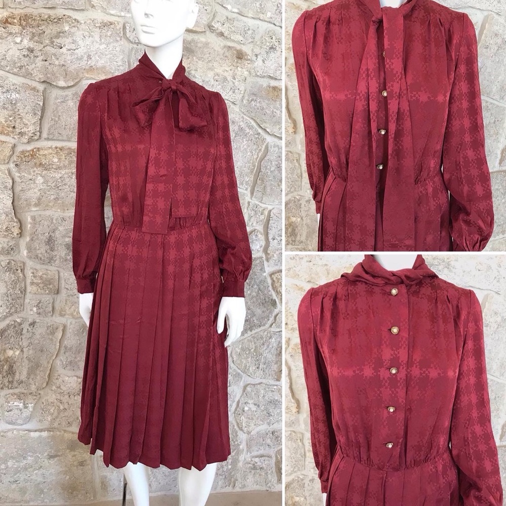Vintage 1970s French Silk Maroon Shirt Dress w/Pussybow Neck Pleated Skirt